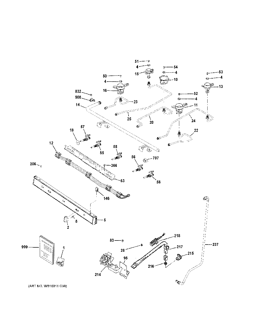 Gas And Burner Parts Diagram and Parts List for JGBS66EEK6ES  General Electric Range