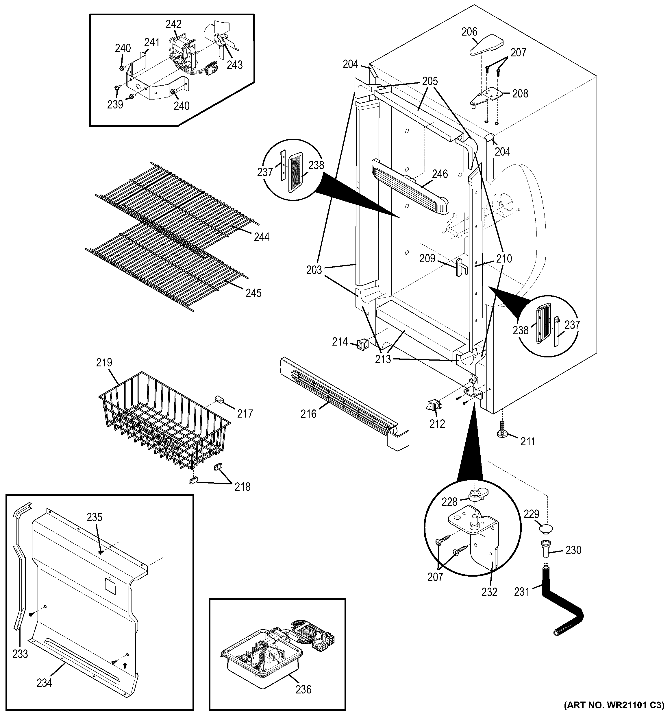 Cabinet Diagram and Parts List for FUF20DHBRWW  General Electric Freezer