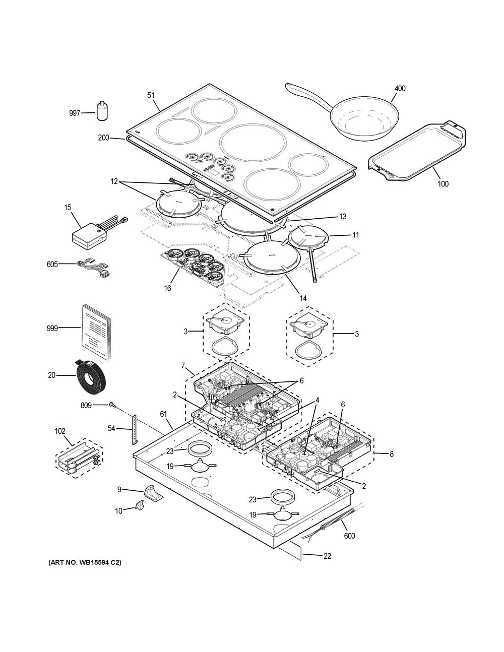 Control Panel & Cooktop Diagram and Parts List for CHP95362M1SS  General Electric Cooktop