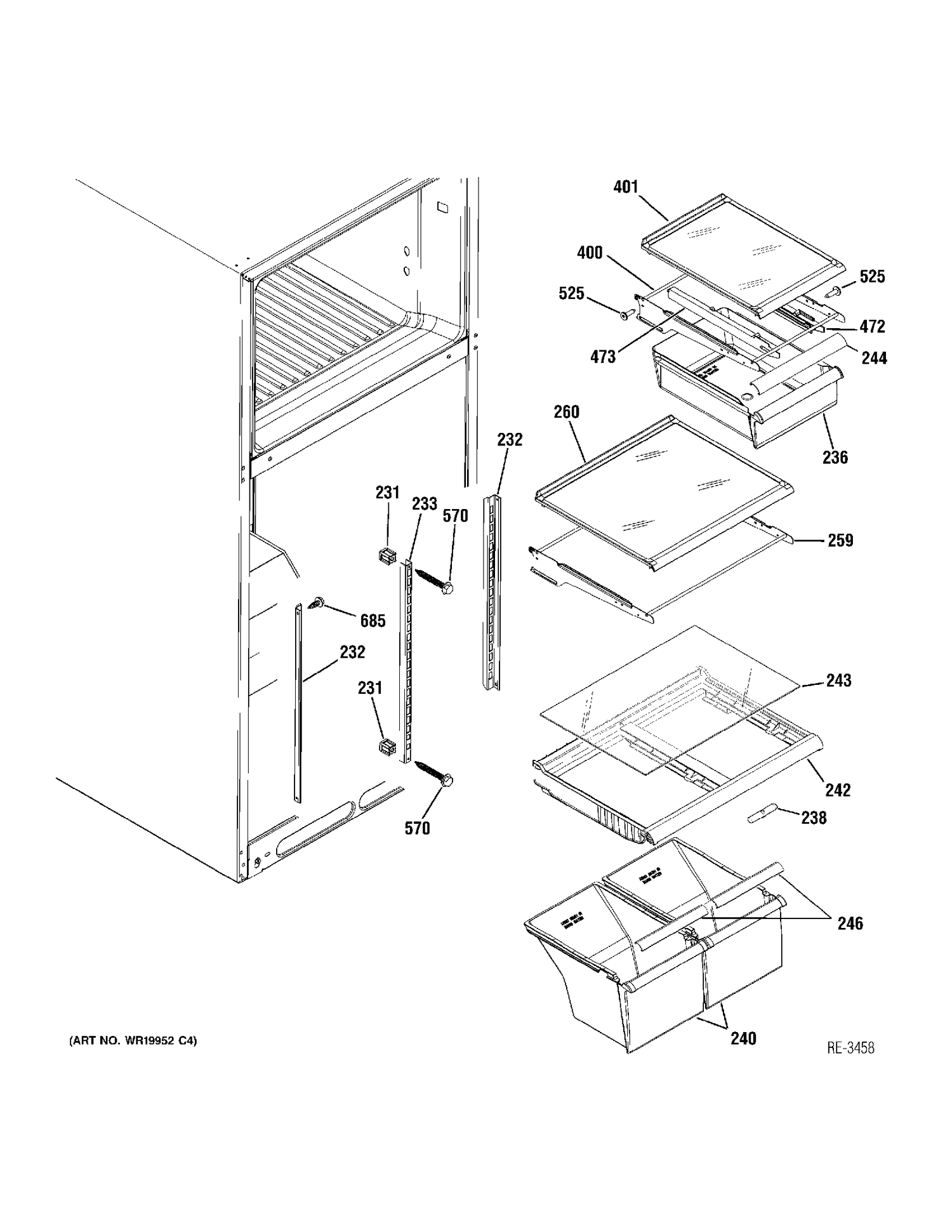 FF SHELVES Diagram and Parts List for 38768RBWWRBS  General Electric Refrigerator