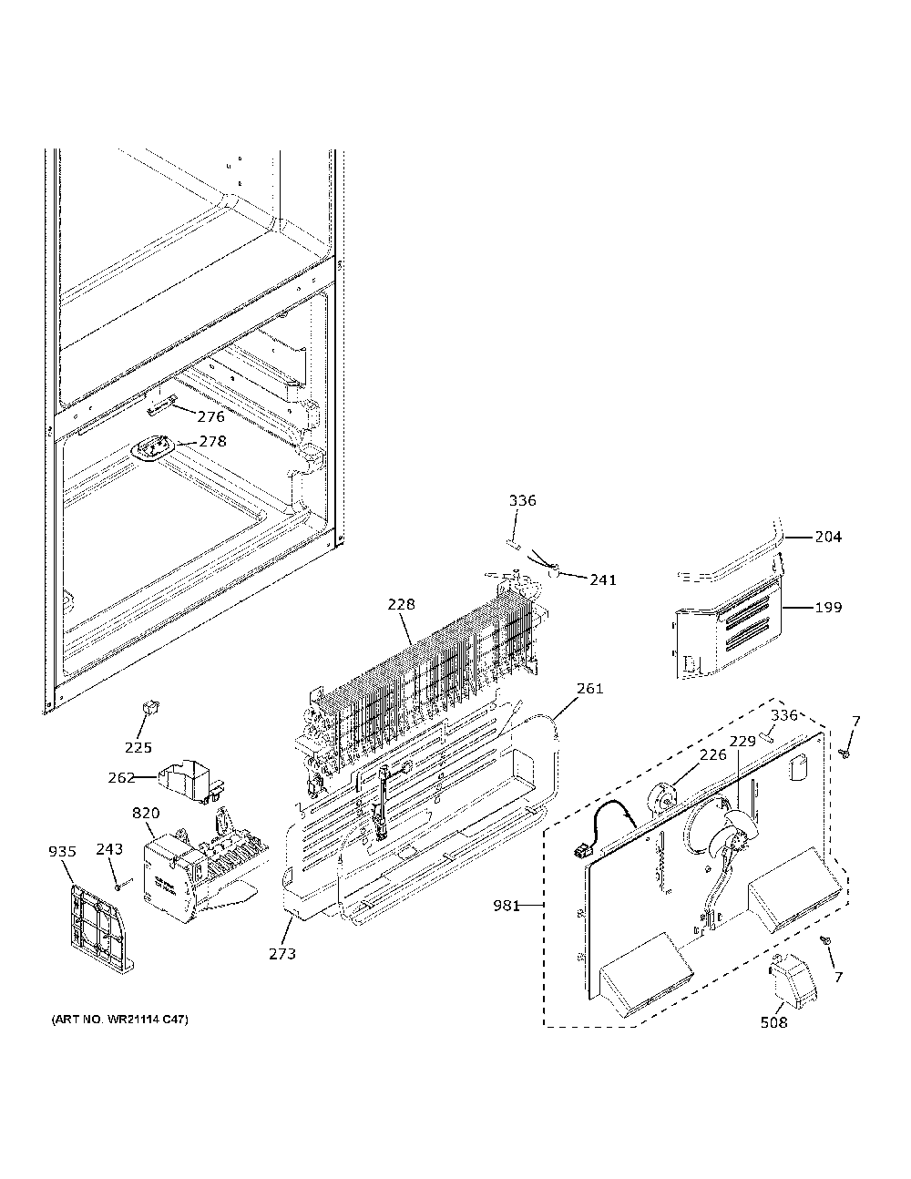 Freezer Section Diagram and Parts List for GNE27EYMWFFS  General Electric Refrigerator