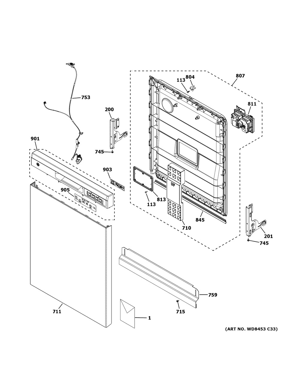 Escutcheon And Door Assembly Diagram and Parts List for GDF550PGR6BB  General Electric Dishwasher