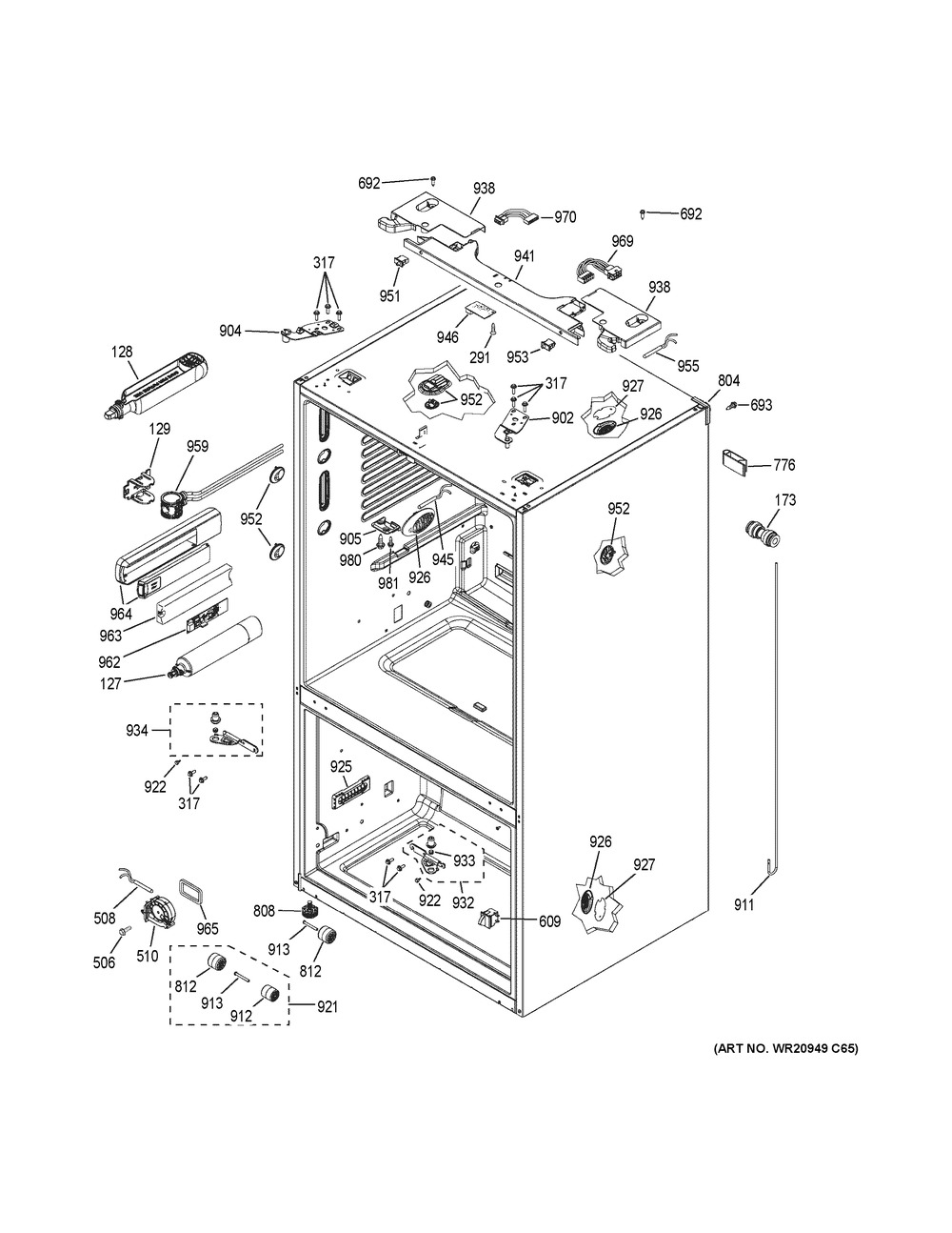Case Parts Diagram and Parts List for GFE26GGKHBB  General Electric Refrigerator