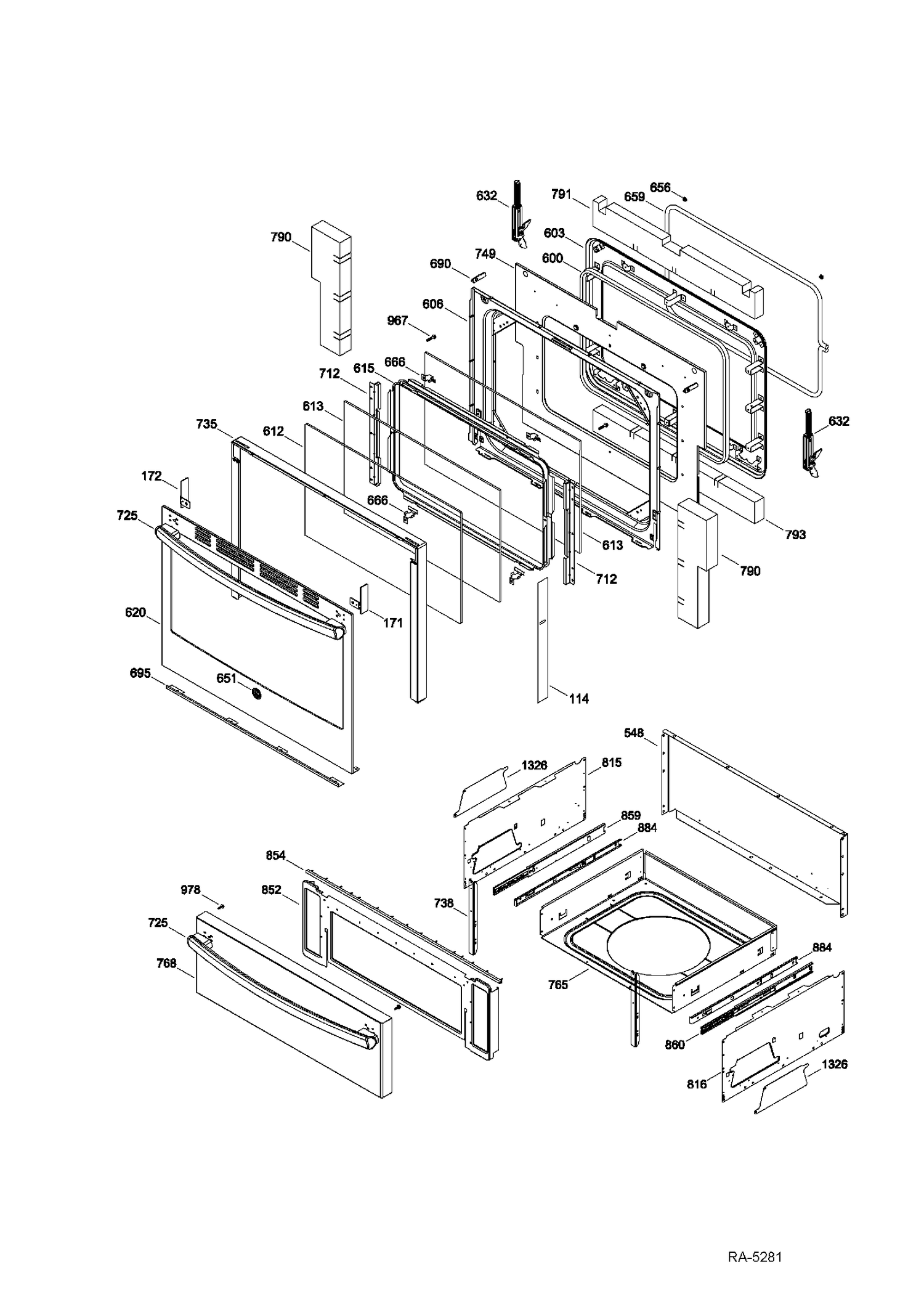 DOOR & DRAWER Diagram and Parts List for JCB840EF1ES  General Electric Range