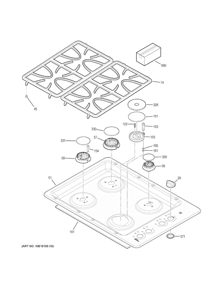 Control Panel & Cooktop Diagram and Parts List for JGP333SET3SS  General Electric Cooktop