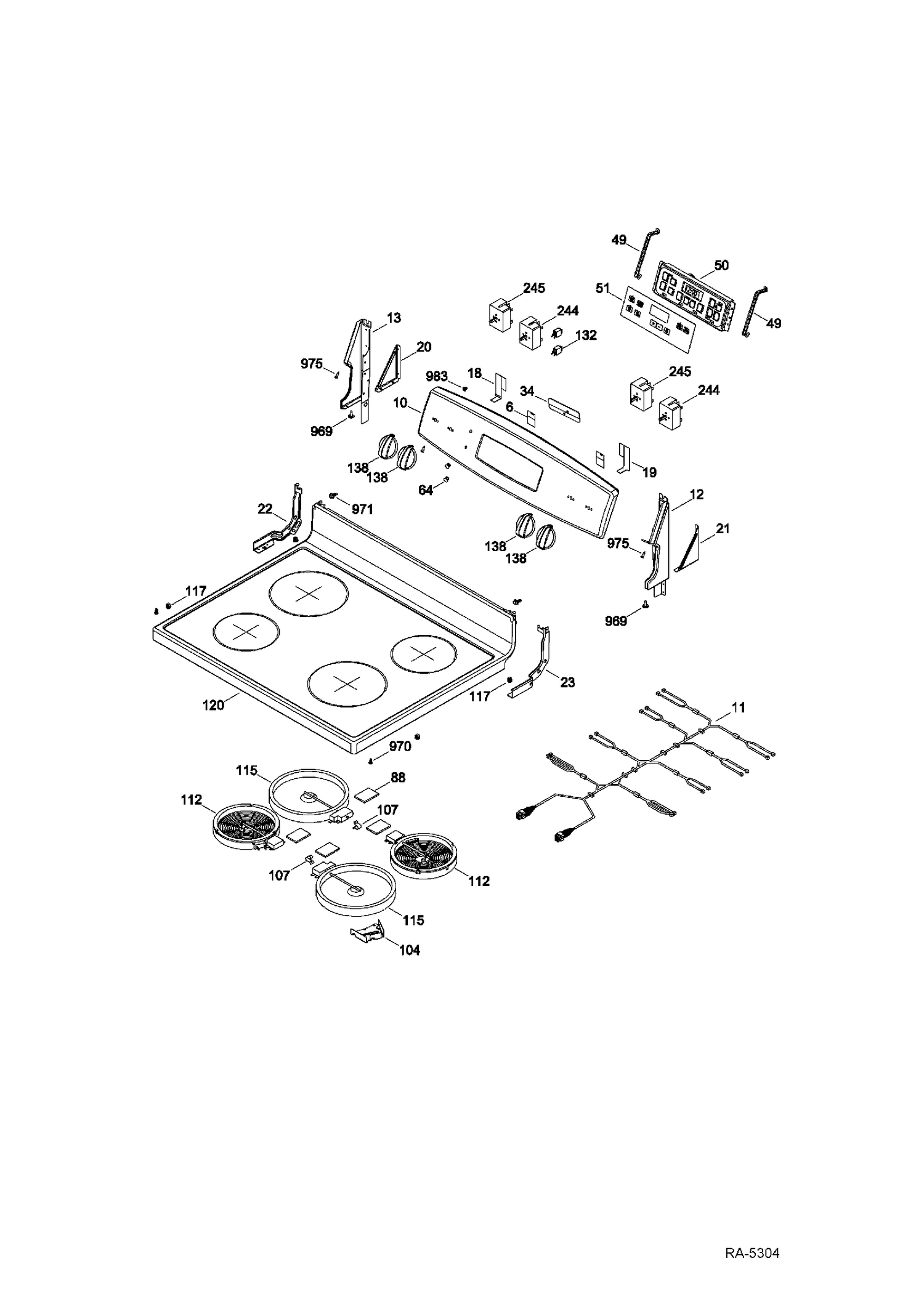 CONTROL PANEL & COOKTOP Diagram and Parts List for JCBS630DF1WW  General Electric Range