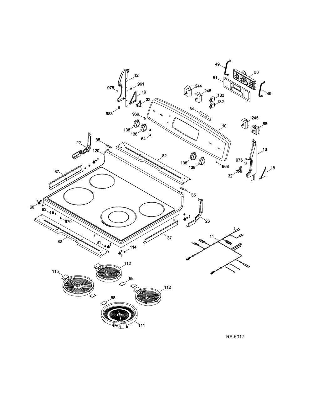 Control Panel And Cooktop Diagram and Parts List for PCB980DF3BB  General Electric Range
