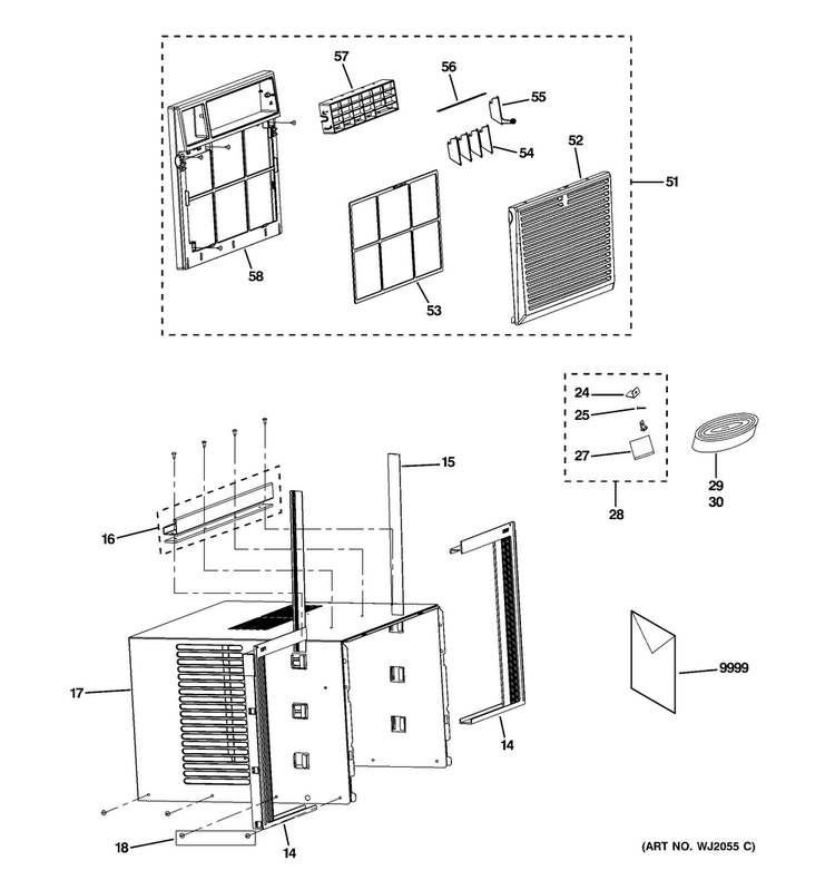 Grille & Chassis Parts Diagram and Parts List for AEQ12ASW1  General Electric Air Conditioner
