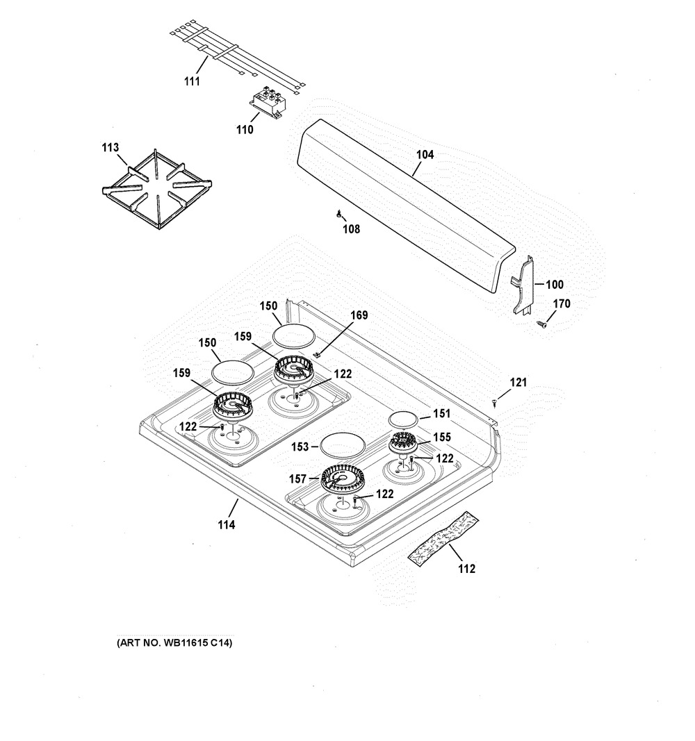 Cooktop Diagram and Parts List for RGBS200DM1WW  General Electric Range