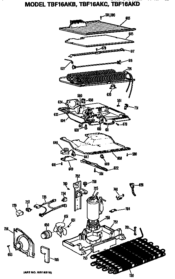 Unit Parts Diagram and Parts List for TBF16AKB  General Electric Refrigerator