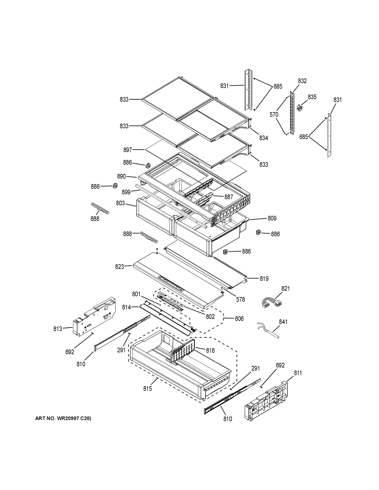 FRESH FOOD SHELVES Diagram and Parts List for CFE28UELCDS  General Electric Refrigerator