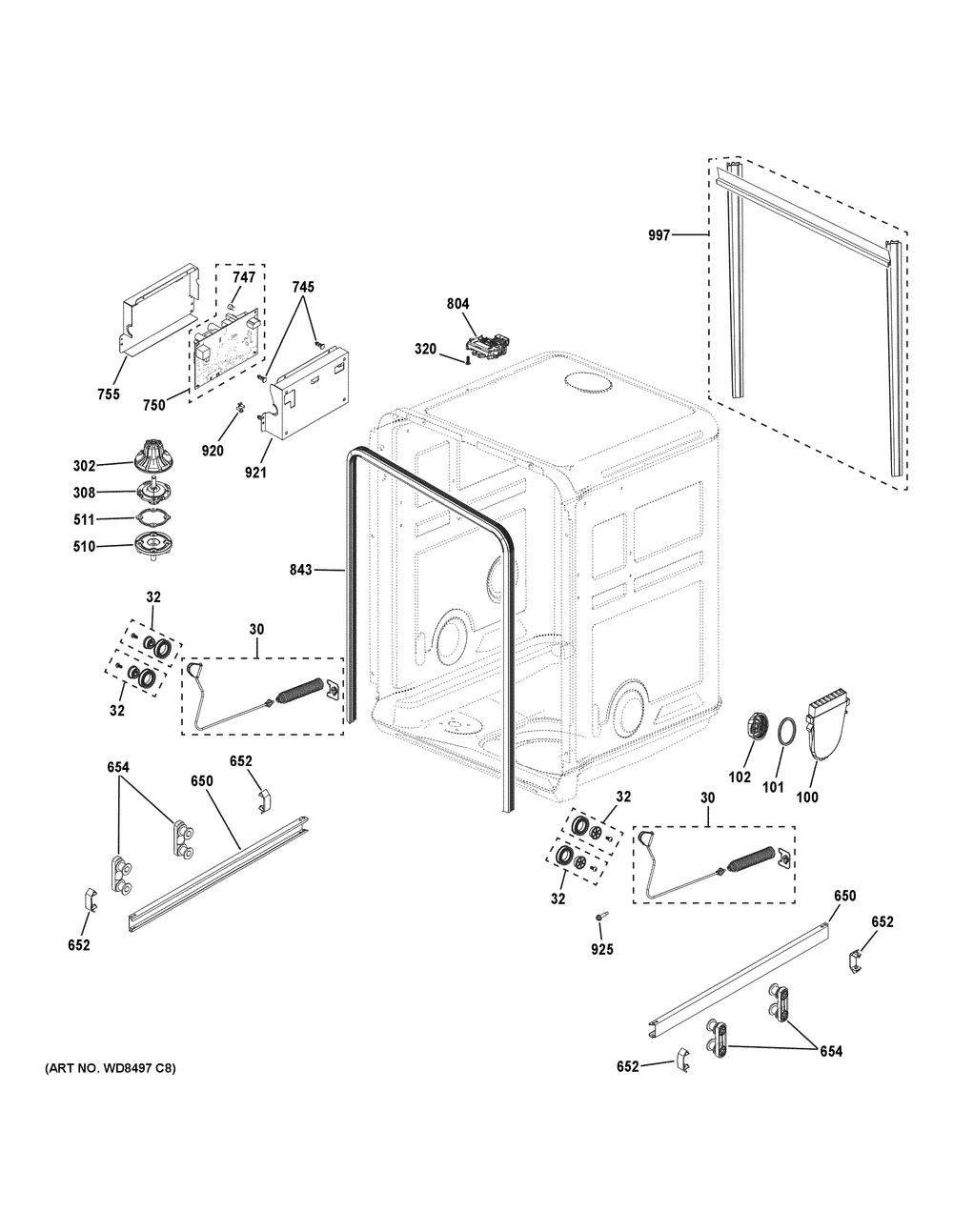 Body Parts (1) Diagram and Parts List for GPT145SSL1SS  General Electric Dishwasher