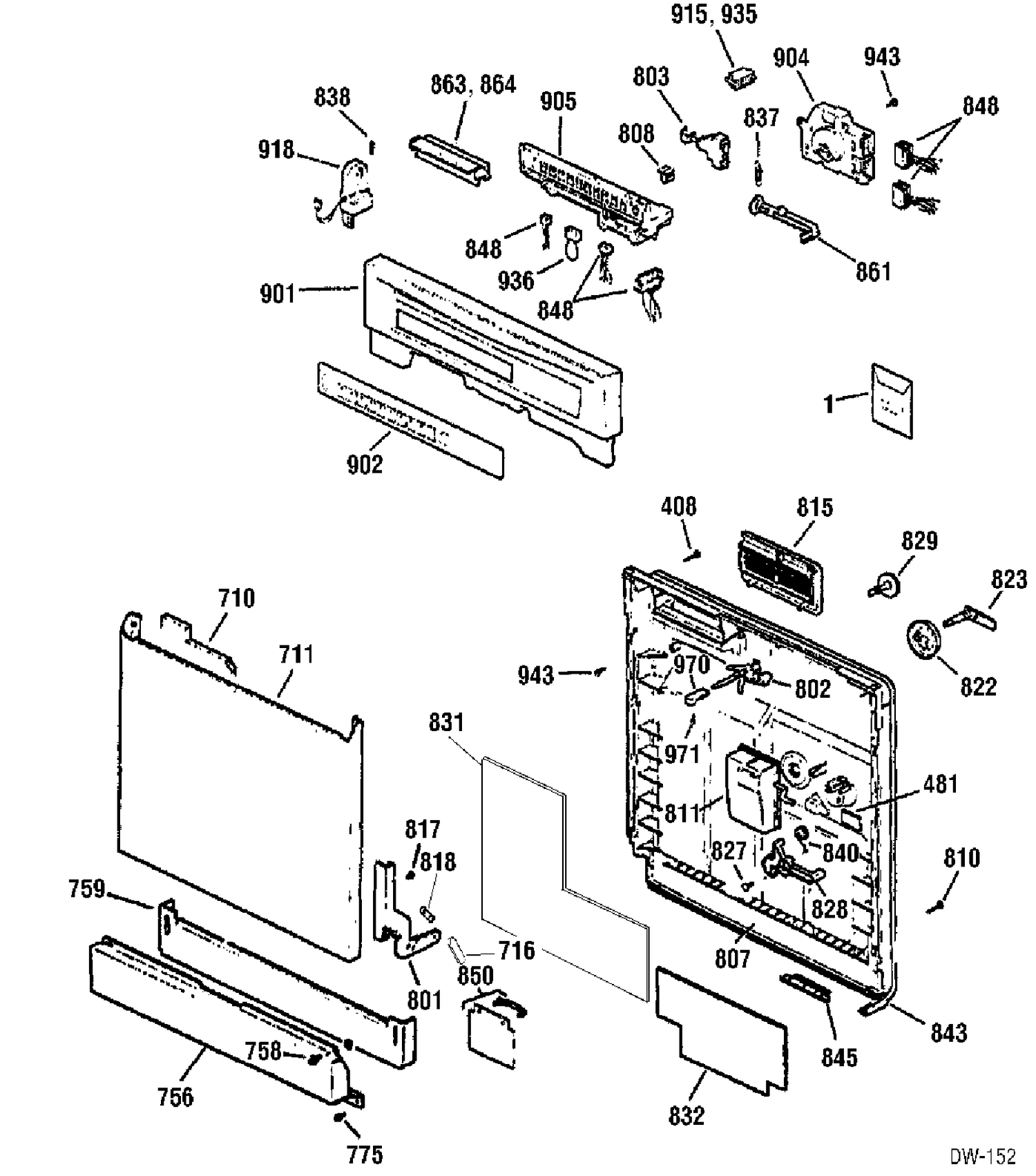 DOOR & ESCUTCHEON PARTS Diagram and Parts List for GSD4610X02BB  General Electric Dishwasher