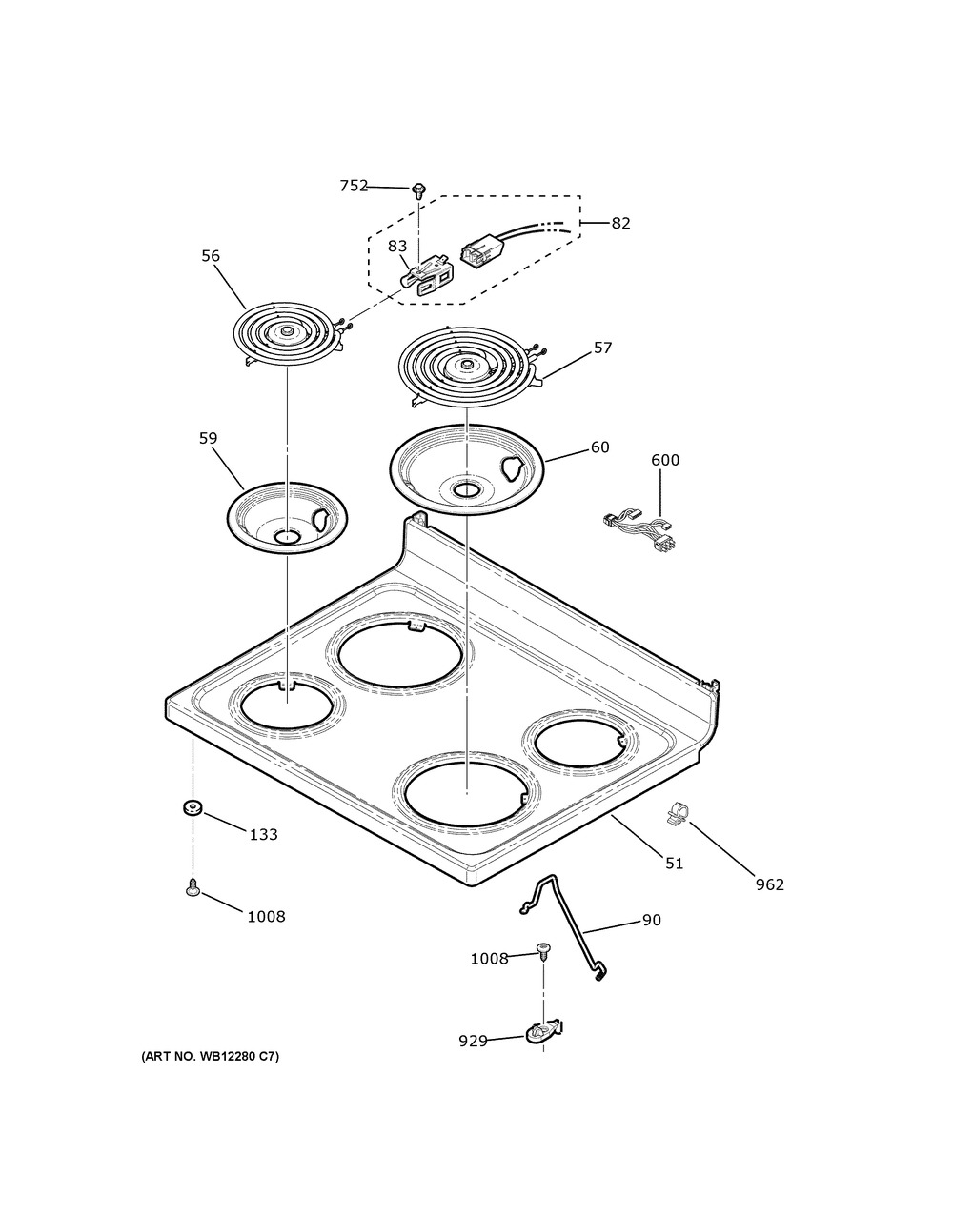 Cooktop Diagram and Parts List for JB258DM5WW  General Electric Range
