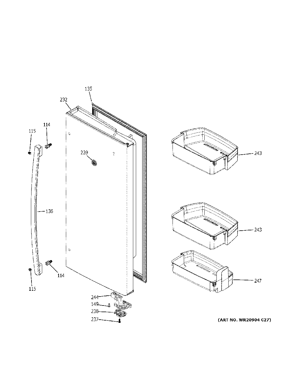 Fresh Food Door - Rh Diagram and Parts List for GFE28GYNCFS  General Electric Refrigerator