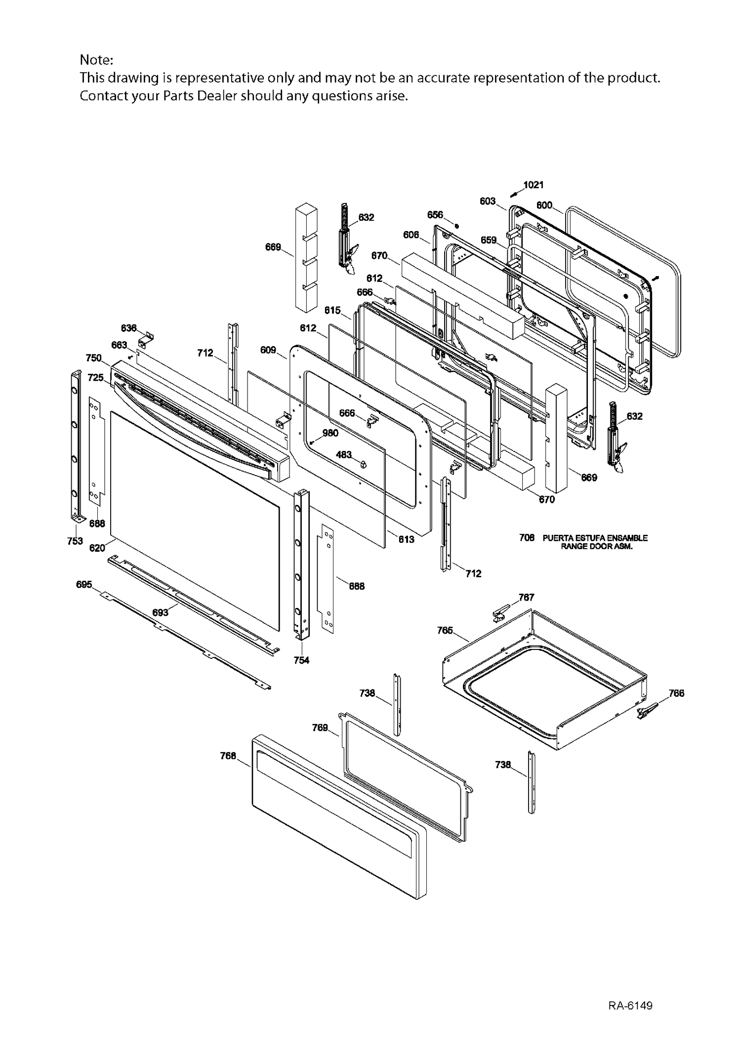 DOOR & DRAWER PARTS Diagram and Parts List for JCBP720ST3WW  General Electric Range