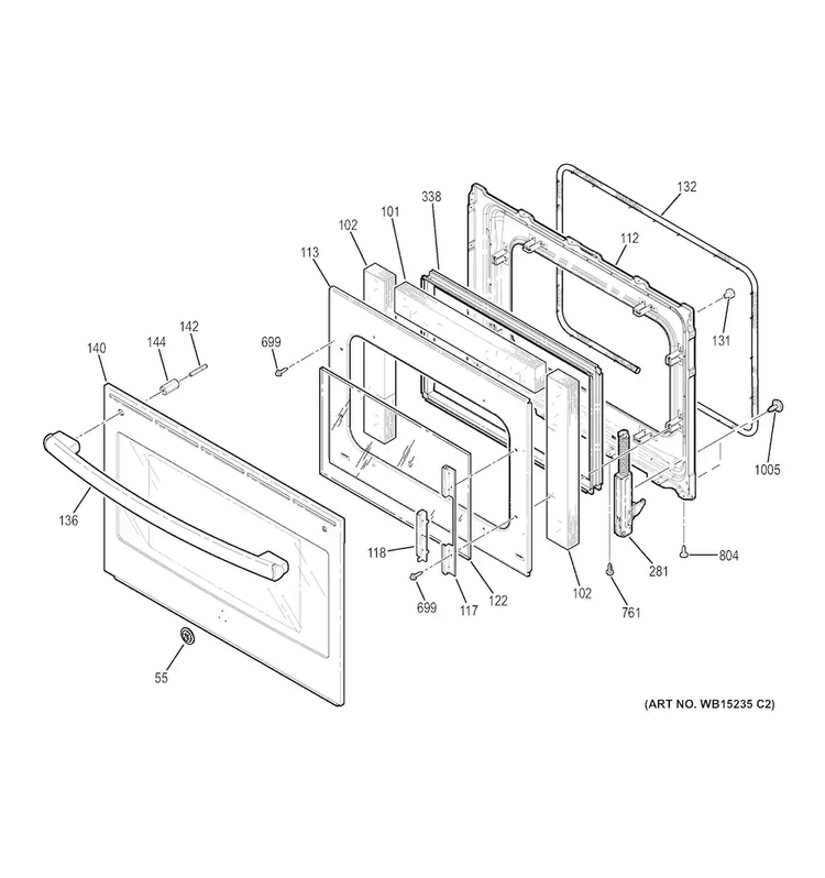 Door Diagram and Parts List for JS750EF1ES  General Electric Range