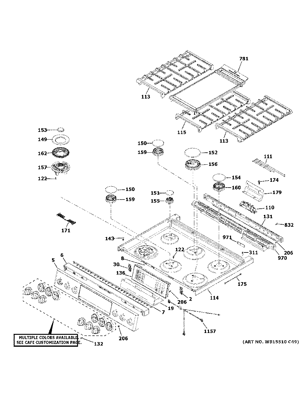 Control Panel And Cooktop Diagram and Parts List for CGS700P3M3D1  General Electric Range