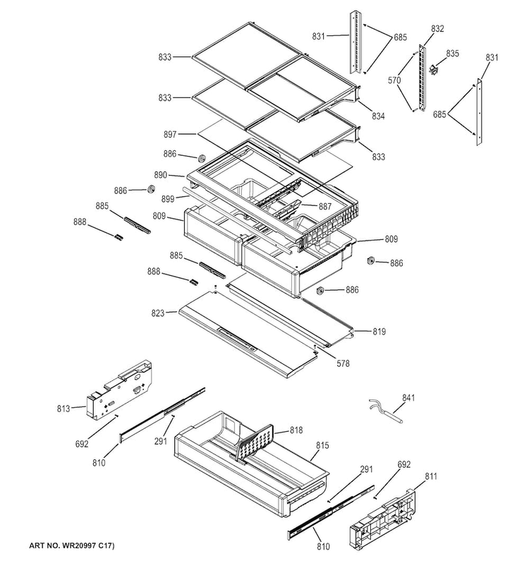 Fresh Food Shelves Diagram and Parts List for ZWE23ESHDSS  General Electric Refrigerator