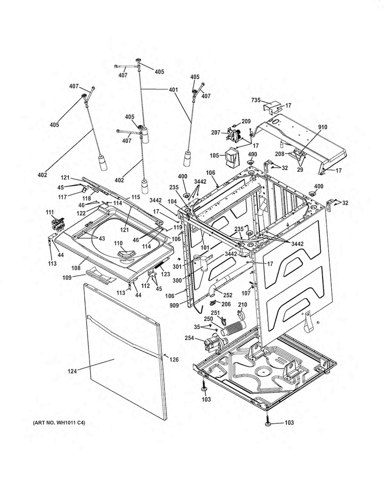 Cabinet 4 Diagram and Parts List for GTUP240EM4WW  General Electric Washer Dryer Combo