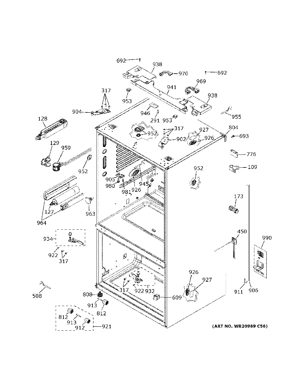 Case parts Diagram and Parts List for GWE23GYNBFS  General Electric Refrigerator