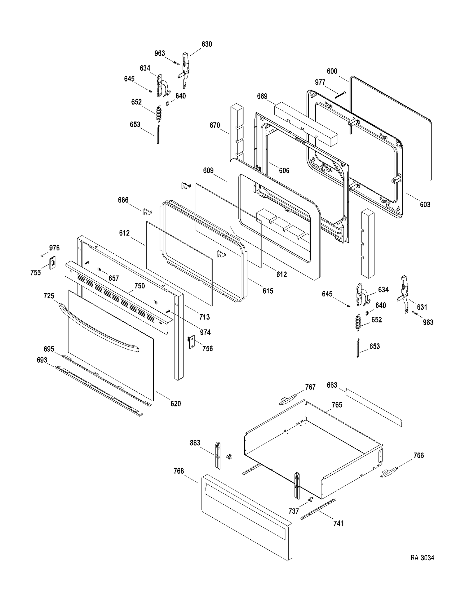 DOOR & DRAWER Diagram and Parts List for 147213  General Electric Range