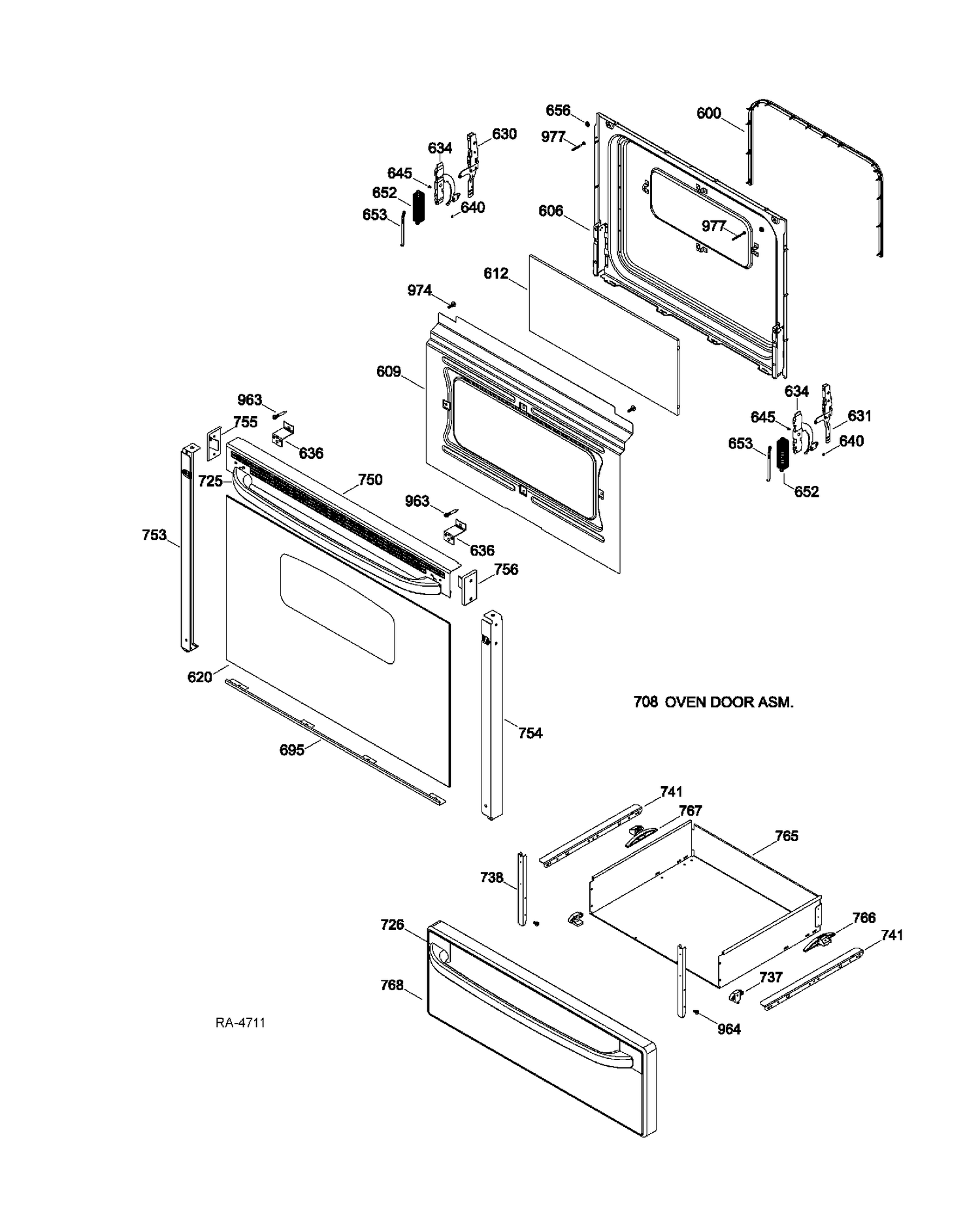 DOOR & DRAWER Diagram and Parts List for JCBS250ST1SS  General Electric Range