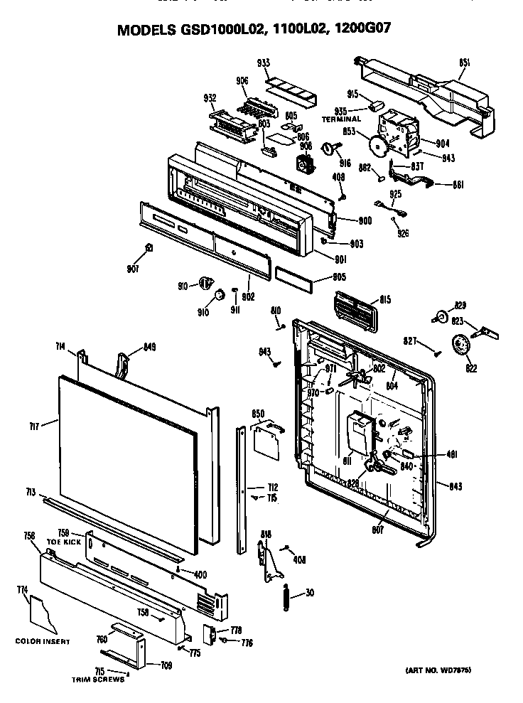 Front/control Panel Diagram and Parts List for GSD1000L02  General Electric Dishwasher
