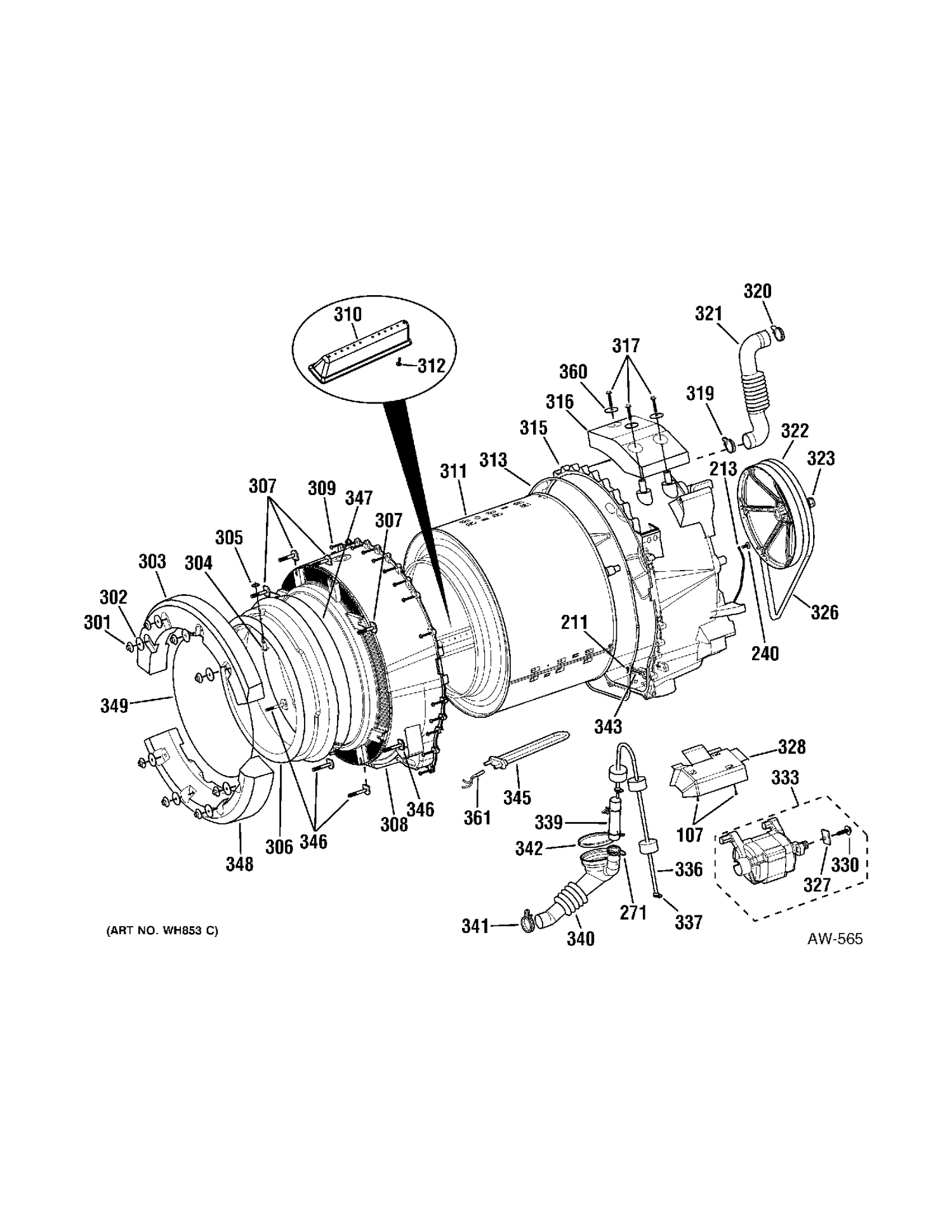 MOTOR & TUB Diagram and Parts List for GCVH6260F0GG  General Electric Washer