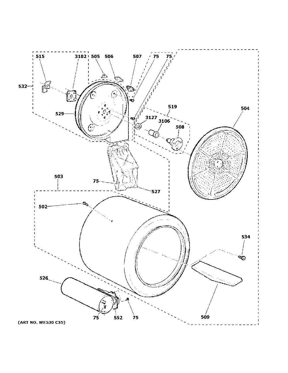Drum Diagram and Parts List for GTD84GCSN1WS  General Electric Dryer