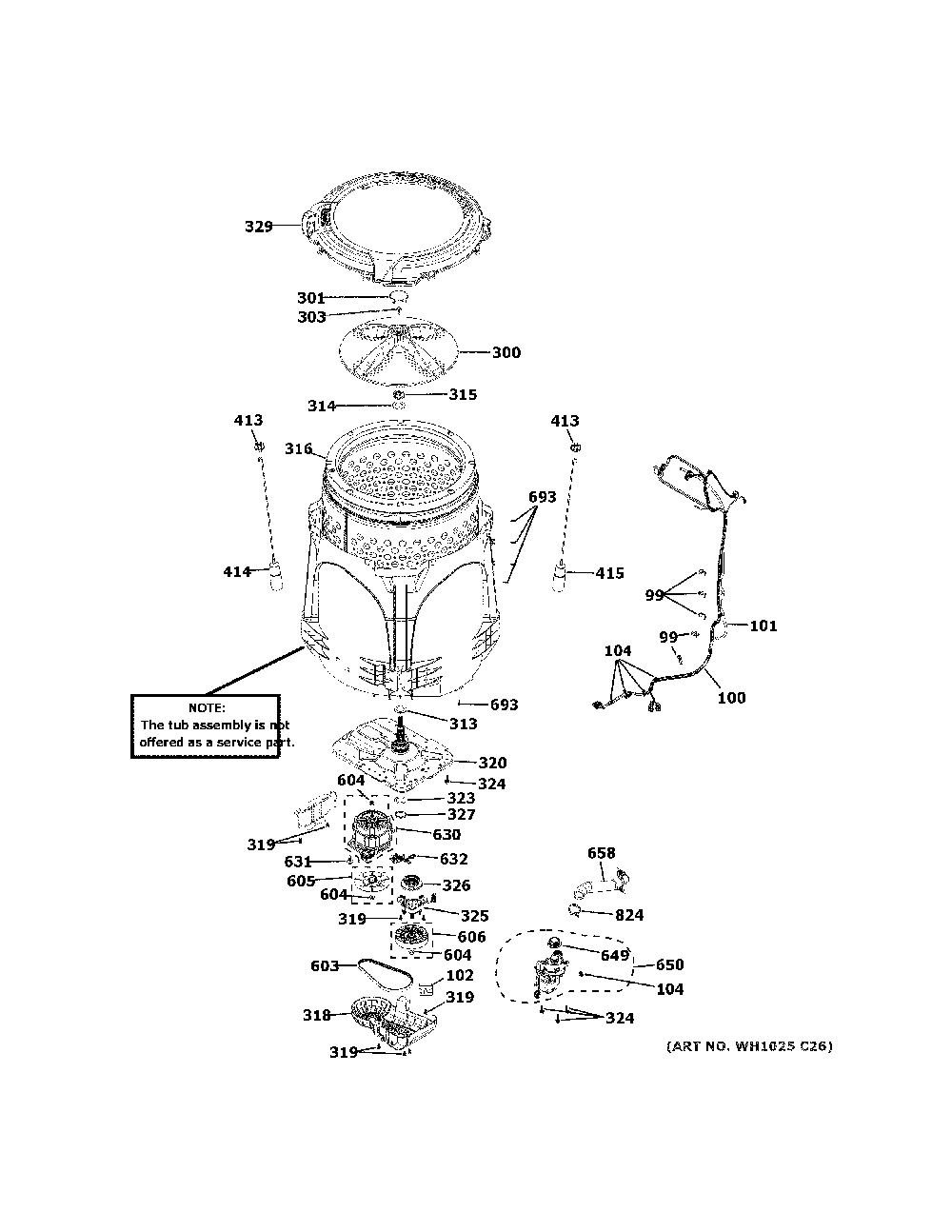 Tub And Motor Diagram and Parts List for GTW490ACJ6WS  General Electric Washer