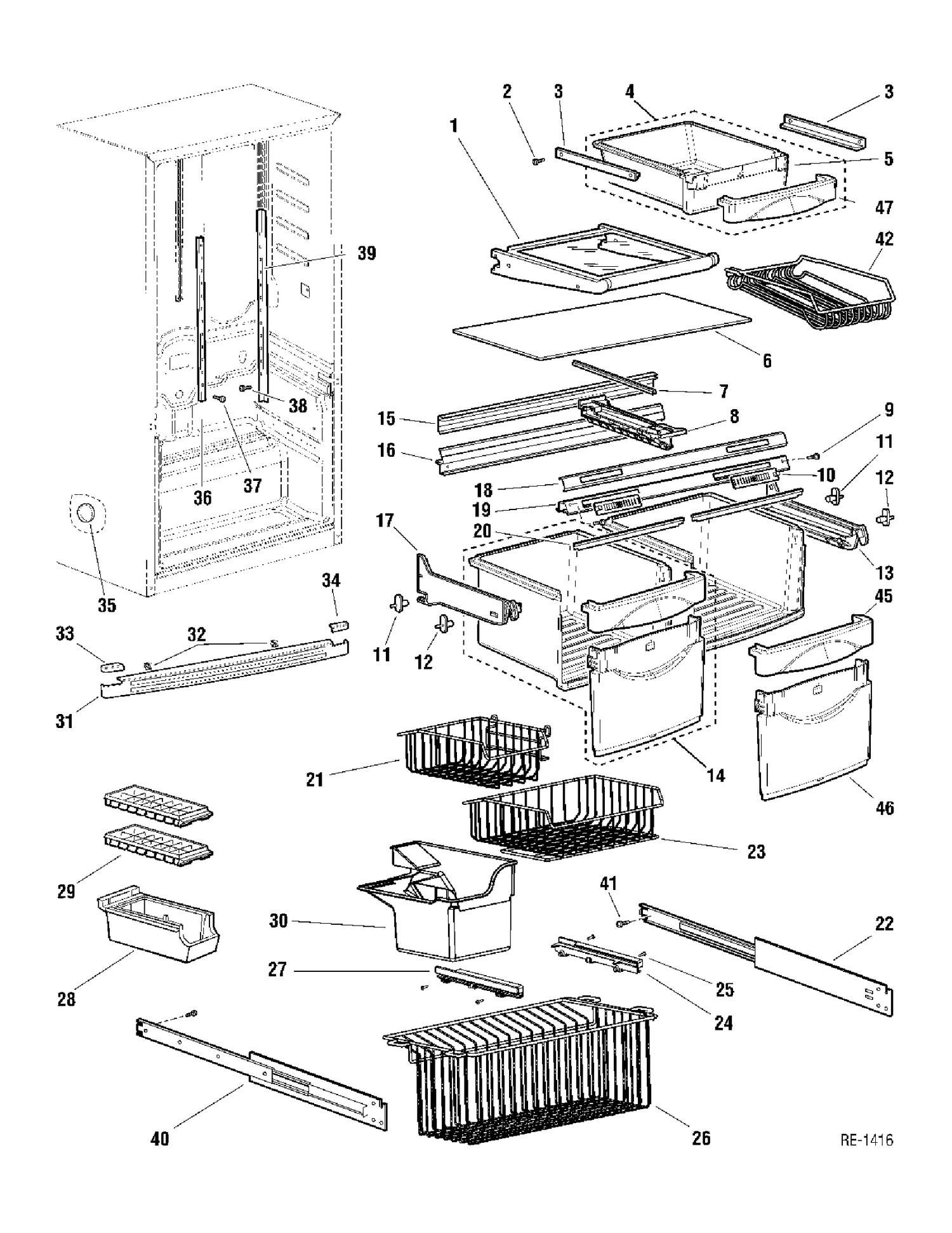 CABINET Diagram and Parts List for 31399-2  General Electric Refrigerator