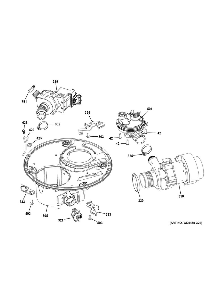 Sump & Motor Mechanism Diagram and Parts List for DDT575SGF8BB  General Electric Dishwasher