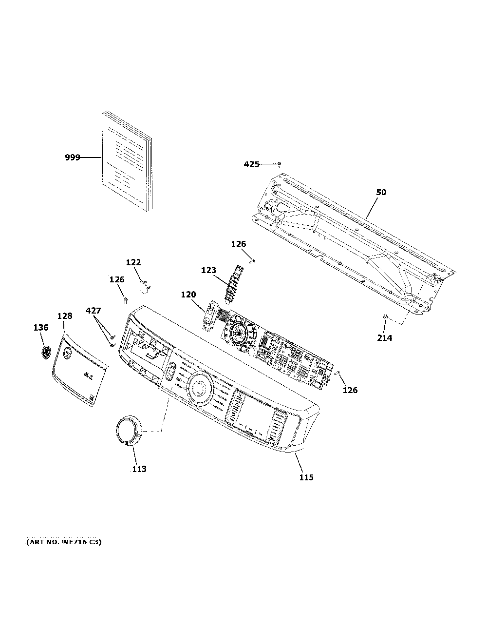 Controls & backsplash Diagram and Parts List for GFD55ESSN0WW  General Electric Dryer