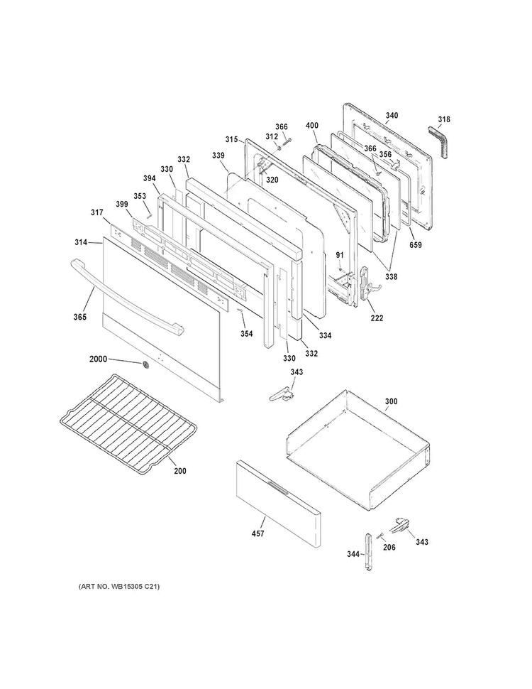 Door & Drawer Parts Diagram and Parts List for JB255RK2SS  General Electric Range