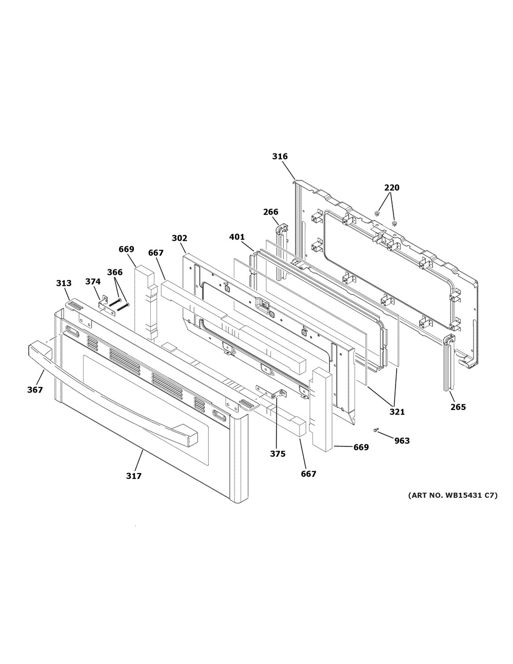 Upper Door Diagram and Parts List for PGB960FEJ2DS  General Electric Range