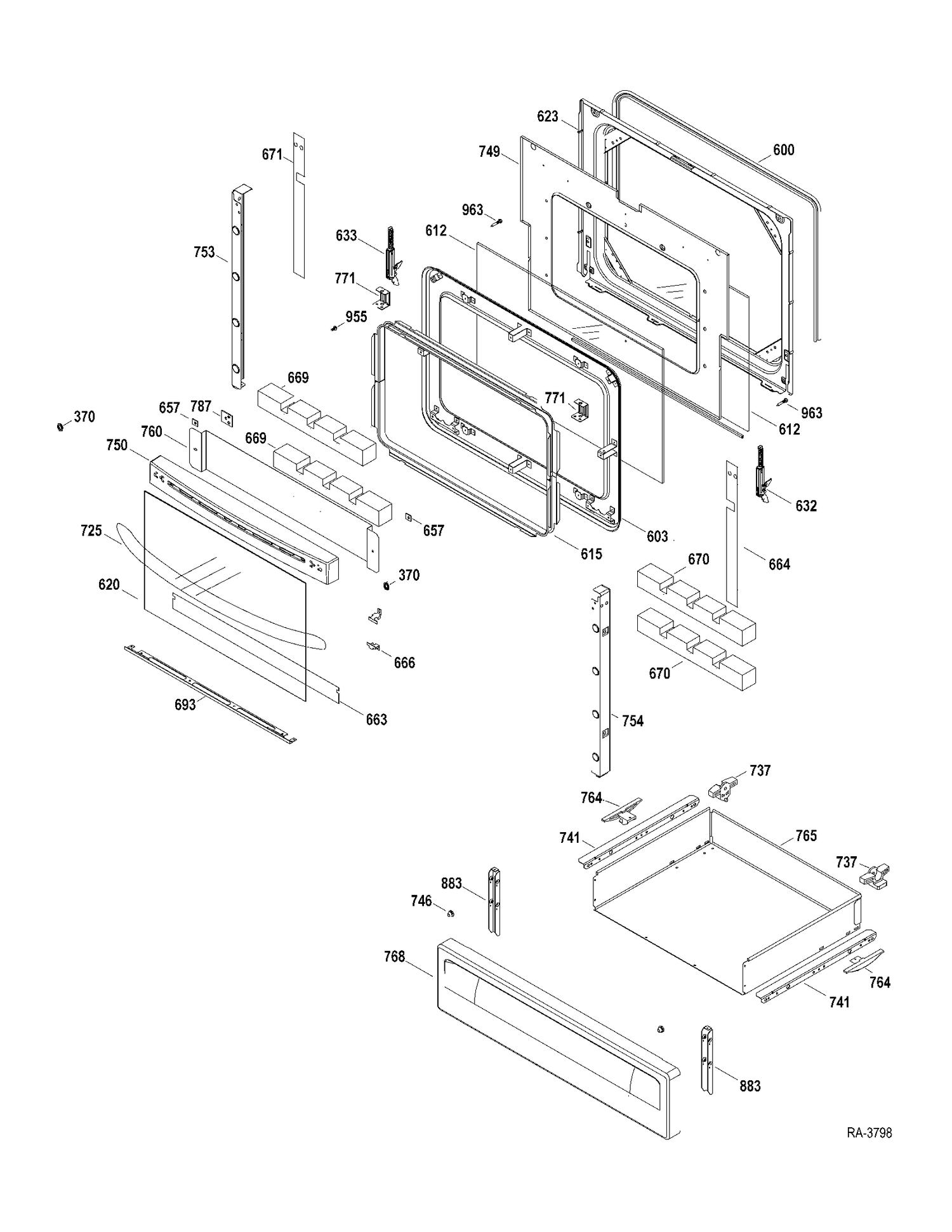 DOOR-DRAWER Diagram and Parts List for JGSP28DER1WW  General Electric Range