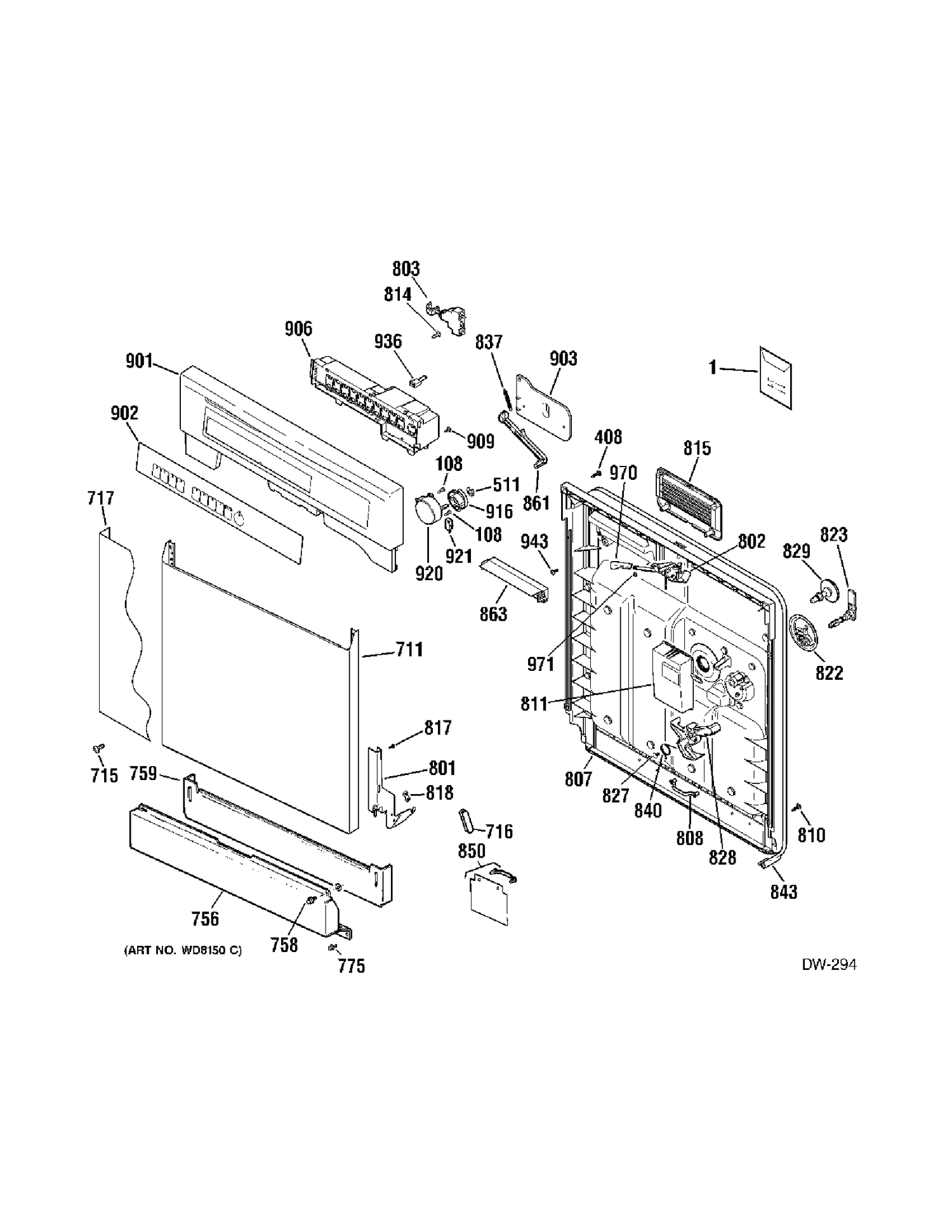 DOOR Diagram and Parts List for GHDD511L00BB  General Electric Dishwasher