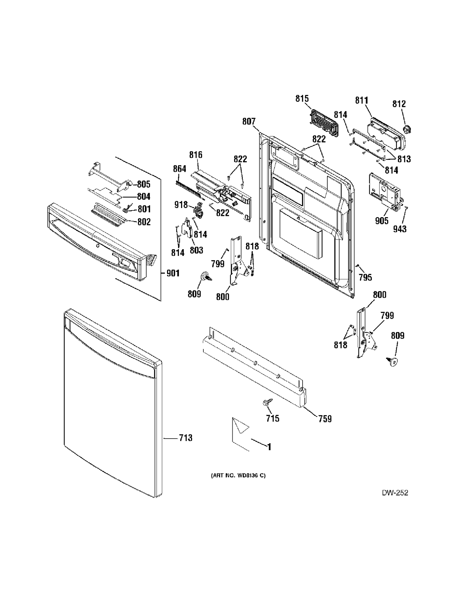 DOOR Diagram and Parts List for PDW8281J03SS  General Electric Dishwasher