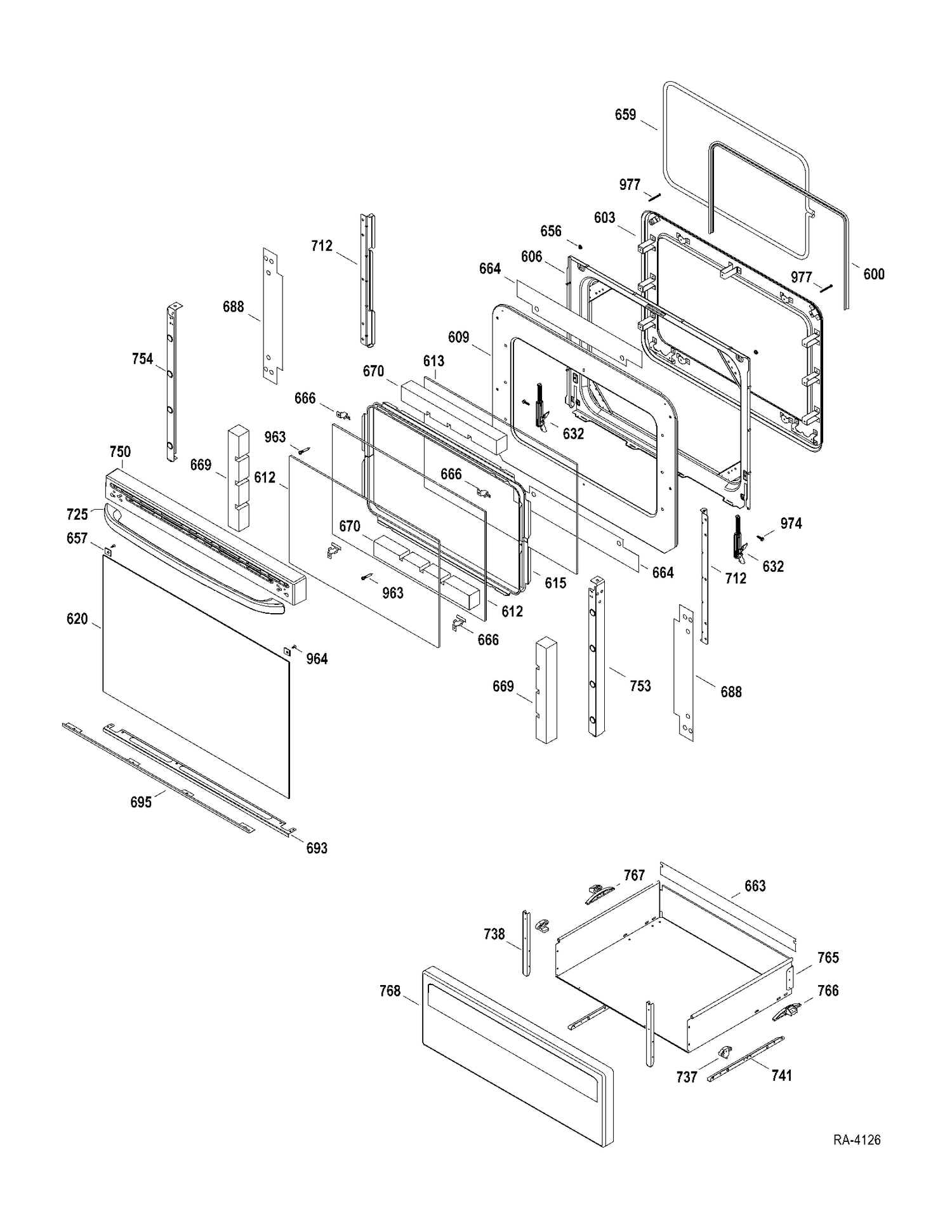 DOOR-DRAWER Diagram and Parts List for JCBP270DT1BB  General Electric Range
