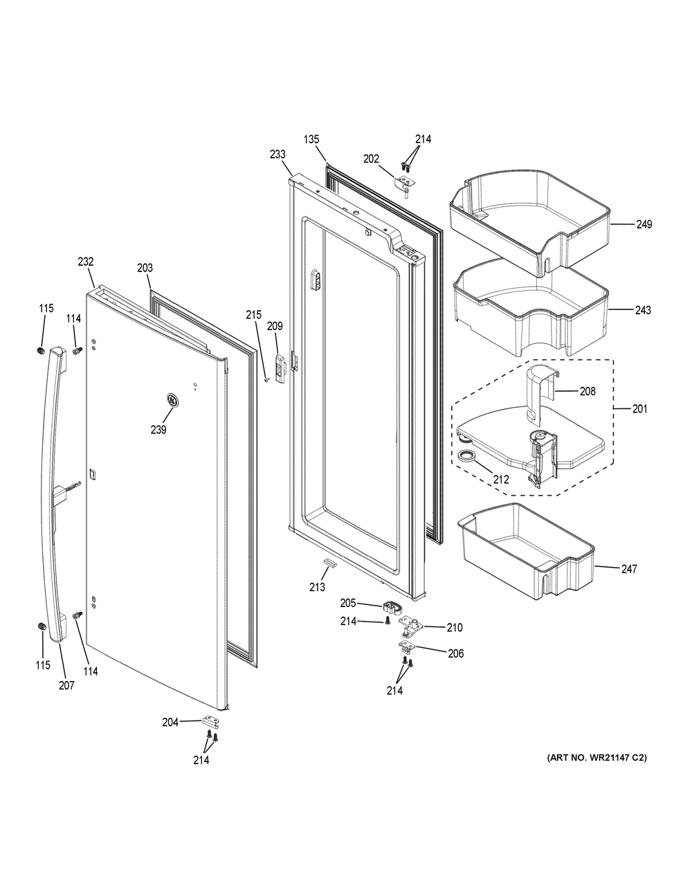 Fresh Food Door - Rh Diagram and Parts List for PFD28KYNKFS  General Electric Refrigerator