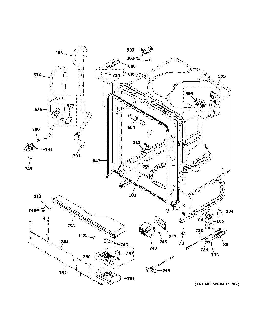 Body parts Diagram and Parts List for GDF510PGM4BB  General Electric Dishwasher