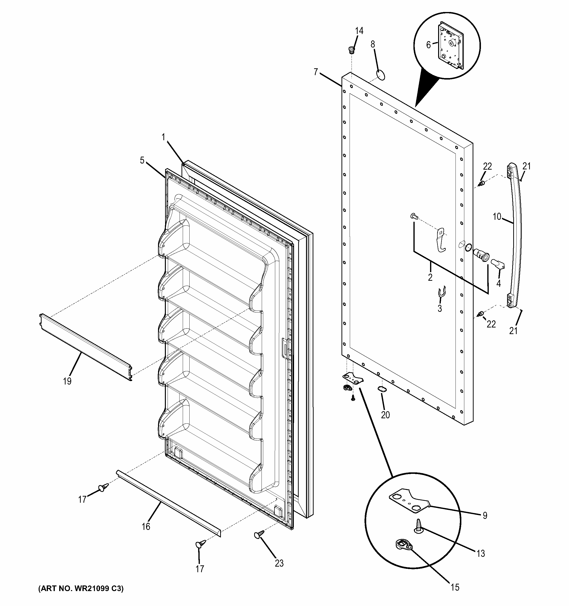 Door Diagram and Parts List for FUF17DHRBWW  General Electric Freezer