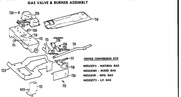 Gas Valve And Burner Diagram and Parts List for DDC4498AEL  General Electric Dryer