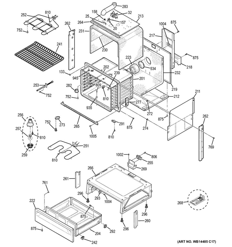 Body Parts Diagram and Parts List for JS250DF1CC  General Electric Range