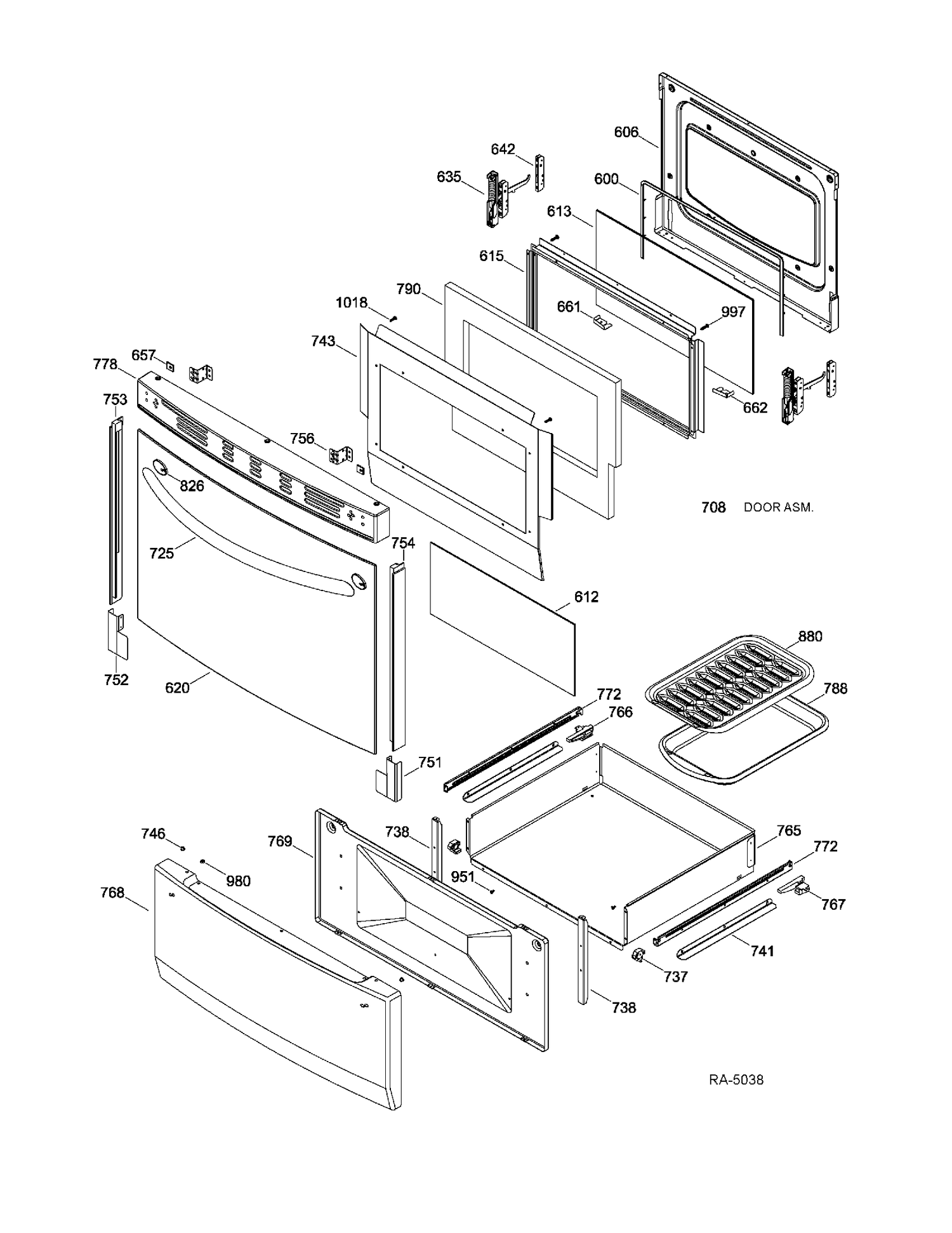 DOOR & DRAWER Diagram and Parts List for JCAS445SV1SS  General Electric Range