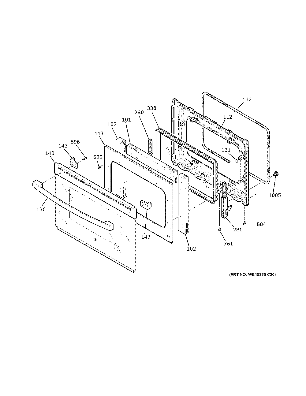 Door Diagram and Parts List for JD630DT1BB  General Electric Range
