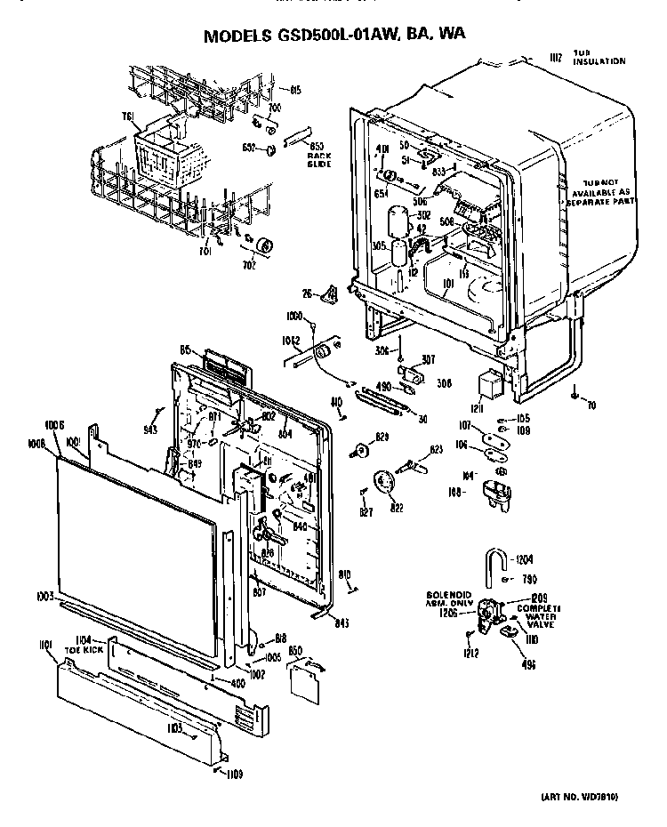 Front Panel/tub Diagram and Parts List for GSD500L01AW  General Electric Dishwasher