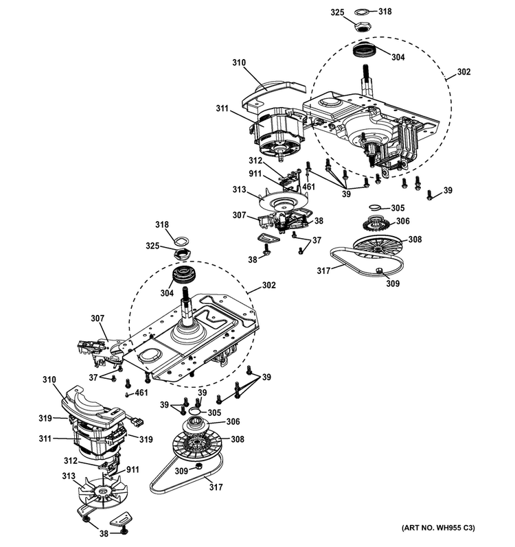 Motor & Drive Assembly Diagram and Parts List for GTUP240GM4WW  General Electric Washer Dryer Combo