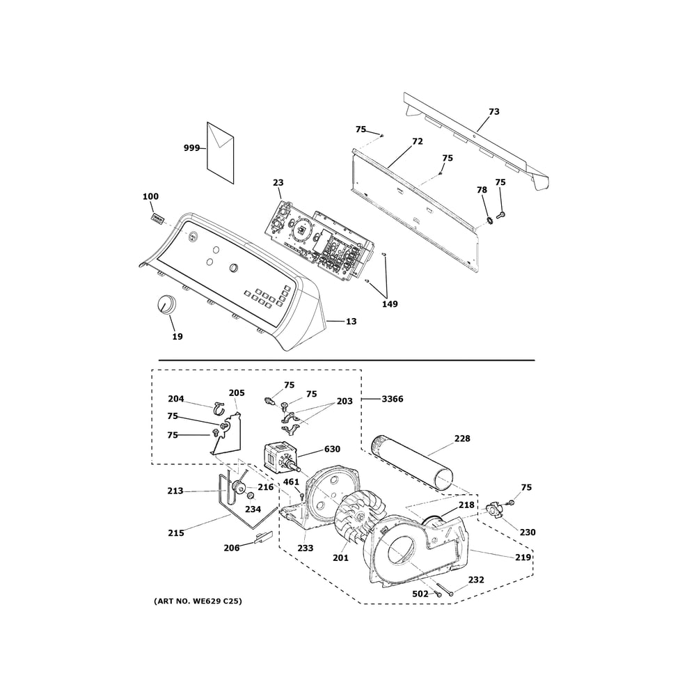 Backsplash, Blower And Motor Assembly Diagram and Parts List for YTD74E2SN2WS  General Electric Dryer